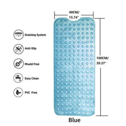 Ameha Shower Mat Non Slip 40X100Cm Bath Mat With Suction Cups Grip & Drain Holes Mats Light Blue Soft Touch Bathroom Mat - thumbnail 5