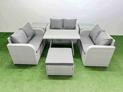 Fimous Rattan Garden Furniture Dining Set 7-Seater Patio Rectangular Table Love Sofa Set With 2 Side Tables Big Stool - image 1