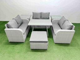 Fimous Rattan Garden Furniture Dining Set 7-Seater Patio Rectangular Table Love Sofa Set With 2 Side Tables Big Stool - thumbnail 2
