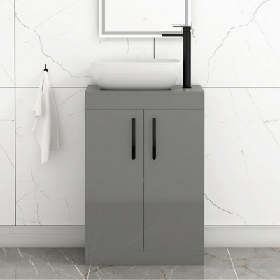Royal Bathrooms 600mm Floor Standing Vanity Unit 2 Door Indigo Grey Gloss & Countertop Basin - Elva With Matt Black Handle - image 1