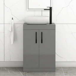 Royal Bathrooms 600mm Floor Standing Vanity Unit 2 Door Indigo Grey Gloss & Countertop Basin - Elva With Matt Black Handle - thumbnail 1