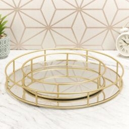 Urbn-Living 2-Pc Metal Gold Round Mirror Tray - thumbnail 9