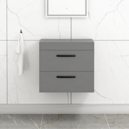 Royal Bathrooms 600mm Wall Hung Vanity Unit 2 Drawer Indigo Grey Gloss - Storage Cabinetwith Matt Black Handle - thumbnail 1