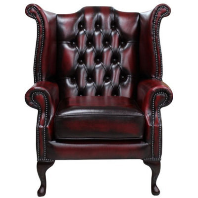 Chesterfield High Back Wing Chair Antique Oxblood Red Real Leather Bespoke In Queen Anne Style - image 1