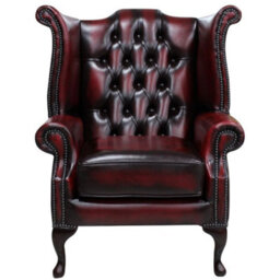 Chesterfield High Back Wing Chair Antique Oxblood Red Real Leather Bespoke In Queen Anne Style