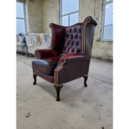 Chesterfield High Back Wing Chair Antique Oxblood Red Real Leather Bespoke In Queen Anne Style - thumbnail 5