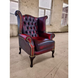 Chesterfield High Back Wing Chair Antique Oxblood Red Real Leather Bespoke In Queen Anne Style - thumbnail 6
