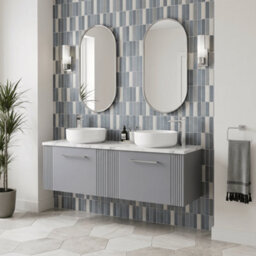 Balterley Belvide Partial Fluted 2 Drawer Wall Hung Vanity Unit With Carrera Marble Laminate Worktop - 1200mm - Satin Grey - thumbnail 4