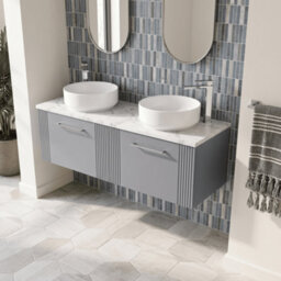 Balterley Belvide Partial Fluted 2 Drawer Wall Hung Vanity Unit With Carrera Marble Laminate Worktop - 1200mm - Satin Grey - thumbnail 3