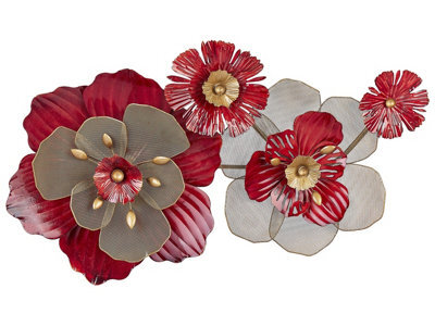 Wyld And Coco Red Iron Geometric Wall Art Flowers Sculpture, W88 X H45 X D11Cm, Solid Metal, Horizontal - image 1