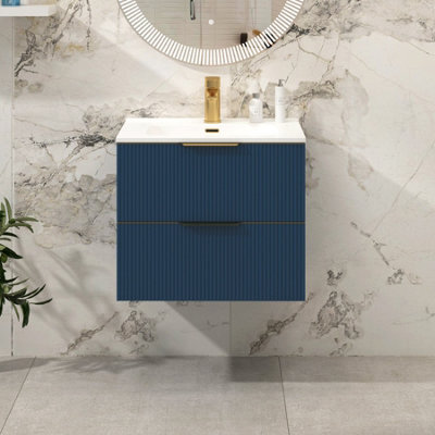 Royal Bathrooms Evora 700mm Midnight Blue Fluted Wall Hung Bathroom Vanity Unit 2 Drawer With Ceramic Basin & Brushed Brass Handle - image 1