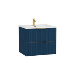 Royal Bathrooms Evora 700mm Midnight Blue Fluted Wall Hung Bathroom Vanity Unit 2 Drawer With Ceramic Basin & Brushed Brass Handle - thumbnail 6