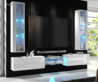 Furneo White Floating Tv Unit High Gloss Matt Living Room Set Display Cabinets Art 01/02 Blue Led Lights - image 1