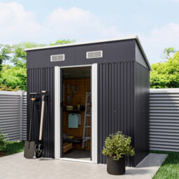 Living And Home Charcoal Black 4X6Ft Outdoor Galvanised Metal Garden Storage Shed With Sliding Door - thumbnail 1