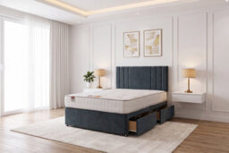 "Knight Sleep Sarah Charcoal Plush Bed Set With Mattress, 2 Drawers Same Side & 24""headboard, 6Ft - Super King"
