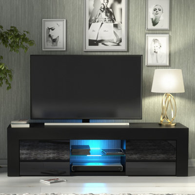 Creative Furniture Loom Tv Unit 130Cm - Black With Gloss Doors And Led Lights - image 1