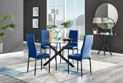 Furniturebox Uk Novara Black Leg 120Cm Round Glass Dining Table & 4 Navy Velvet Milan Black Leg Chairs - image 1