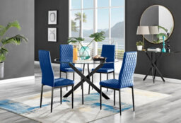 Furniturebox Uk Novara Black Leg 120Cm Round Glass Dining Table & 4 Navy Velvet Milan Black Leg Chairs