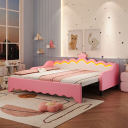 Abrihome Cream White & Pink 3Ft Single Daybed With Led Crown Headboard - Pull-Out Trundle Sofa Bed Frame For Living Room/bedroom/study - thumbnail 2