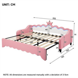 Abrihome Cream White & Pink 3Ft Single Daybed With Led Crown Headboard - Pull-Out Trundle Sofa Bed Frame For Living Room/bedroom/study - thumbnail 6