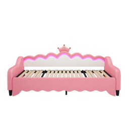 Abrihome Cream White & Pink 3Ft Single Daybed With Led Crown Headboard - Pull-Out Trundle Sofa Bed Frame For Living Room/bedroom/study - thumbnail 9