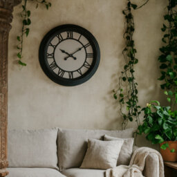 Wyld Haus 59Cm Black Roman Numeral Wall Clock With Metal Frame And Glass Cover