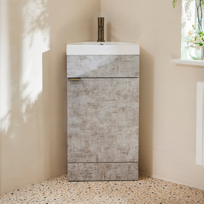 Homestylestore 450mm Concrete Grey Floorstanding Corner Bathroom Vanity Unit And Aged Gold Finger Pull Handle - image 1