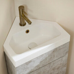 Homestylestore 450mm Concrete Grey Floorstanding Corner Bathroom Vanity Unit And Aged Gold Finger Pull Handle - thumbnail 3