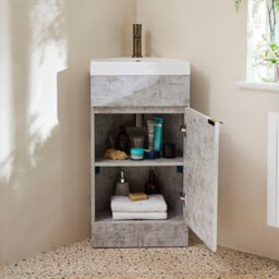 Homestylestore 450mm Concrete Grey Floorstanding Corner Bathroom Vanity Unit And Aged Gold Finger Pull Handle - thumbnail 2