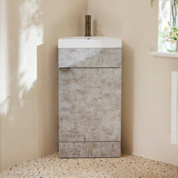Homestylestore 450mm Concrete Grey Floorstanding Corner Bathroom Vanity Unit And Aged Gold Finger Pull Handle - thumbnail 1