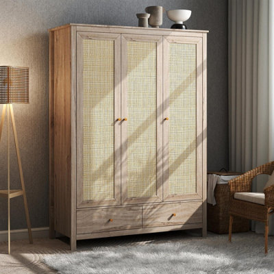 Swish Furniture Willow Oak & Real Rattan 3 Door Triple Wardrobe With 2 Drawers Bedroom Storage Furniture - image 1