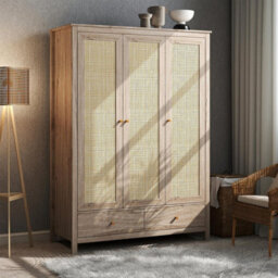 Swish Furniture Willow Oak & Real Rattan 3 Door Triple Wardrobe With 2 Drawers Bedroom Storage Furniture - thumbnail 1