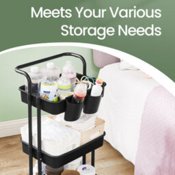 Songmics 3 Tiers Mobile Trolley, Storage Shelf With Handle, Plastic Baskets, For Bedroom, Kitchen, Black - thumbnail 4
