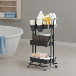 Songmics 3 Tiers Mobile Trolley, Storage Shelf With Handle, Plastic Baskets, For Bedroom, Kitchen, Black