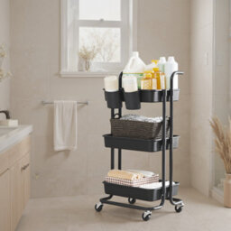 Songmics 3 Tiers Mobile Trolley, Storage Shelf With Handle, Plastic Baskets, For Bedroom, Kitchen, Black - thumbnail 2