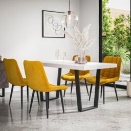 More4Homes Aria Dining Table And Chairs -  White Marble Effect Table Top W Black Legs + Nova Velvet Dining Chair Set Of 6 (Mustard)