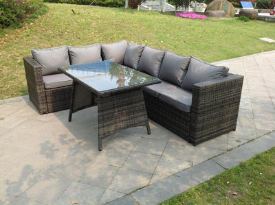 Fimous 6 Seater Grey Rattan Corner Sofa Set Dining Table Foot Rest Garden Furniture Outdoor - image 1
