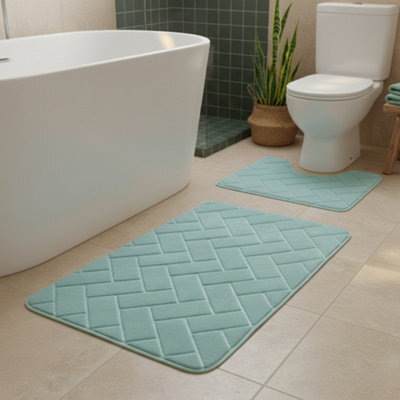 2 Piece Block Design Memory Foam Bath Mat Set Soft Absorbent Non-Slip Bathroom Aqua - image 1