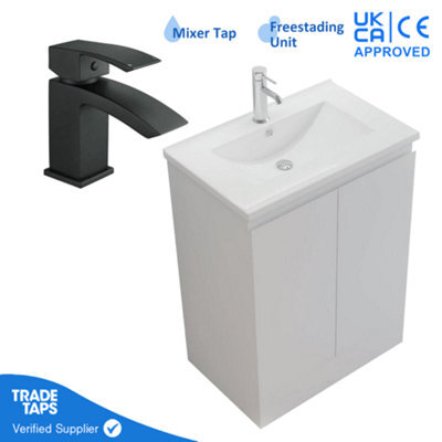 GravaHaus 600mm Freestanding Bathroom Vanity Unit With Basin Black Square Tap & Waste - image 1