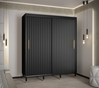 Arte Calipso Wave I Contemporary 2 Sliding Door Wardrobe Gold Handles 9 Shelves 2 Hanging Rails Black (H)2080mm (W)1800mm (D)620mm - image 1