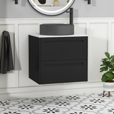 Royal Bathrooms Royal Bathroom Elmore 600mm Nocturne Black Wall Mounted Bathroom Vanity Unit 2 Drawer Plain White Worktop With Art Round Basin - image 1