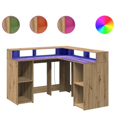 Berkfield Durable Desk With Led Lights Artisian Oak 130X130X91 Cm Engineered Wood