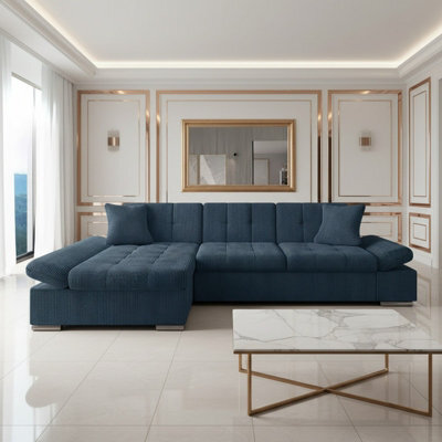 Malwi Left Hand Corner Sofa Bed With Storage Modern Blue Corduroy Design With Pullout Guest Bed - image 1