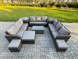 Fimous Rattan Lounge Sofa Set 12 Seater Outdoor Garden Furniture Set With Rectangular Coffee Table 3 Seater Sofa 2 Side Tables - thumbnail 1