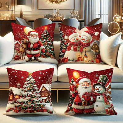 CLEFFNS 4Pcs Christmas Pillow Covers With Santa Reindeer Snowman And Tree Prints, Square Cushion Covers For Sofa Couch Home Decoration - image 1
