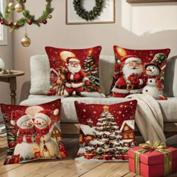 CLEFFNS 4Pcs Christmas Pillow Covers With Santa Reindeer Snowman And Tree Prints, Square Cushion Covers For Sofa Couch Home Decoration - thumbnail 8