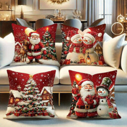 CLEFFNS 4Pcs Christmas Pillow Covers With Santa Reindeer Snowman And Tree Prints, Square Cushion Covers For Sofa Couch Home Decoration - thumbnail 1