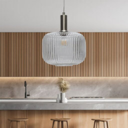 First Choice Lighting Batley Large - Clear Ribbed Glass Satin Nickel Deco Pendant Fitting - thumbnail 3