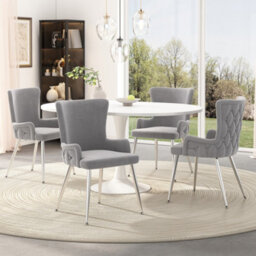 HomeTouch Set Of 2 Modern Grey Velvet Dining Chairs With Wing Back & Silver Legs - thumbnail 5