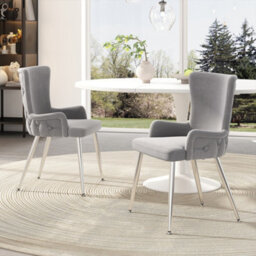 HomeTouch Set Of 2 Modern Grey Velvet Dining Chairs With Wing Back & Silver Legs - thumbnail 2